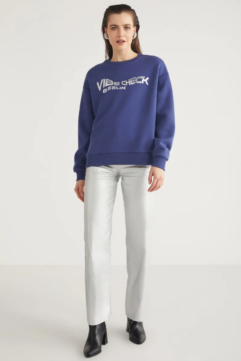 GRIMELANGE Clover Women's Crew Neck Foil Print Detailed Navy Blue Sweatshirt