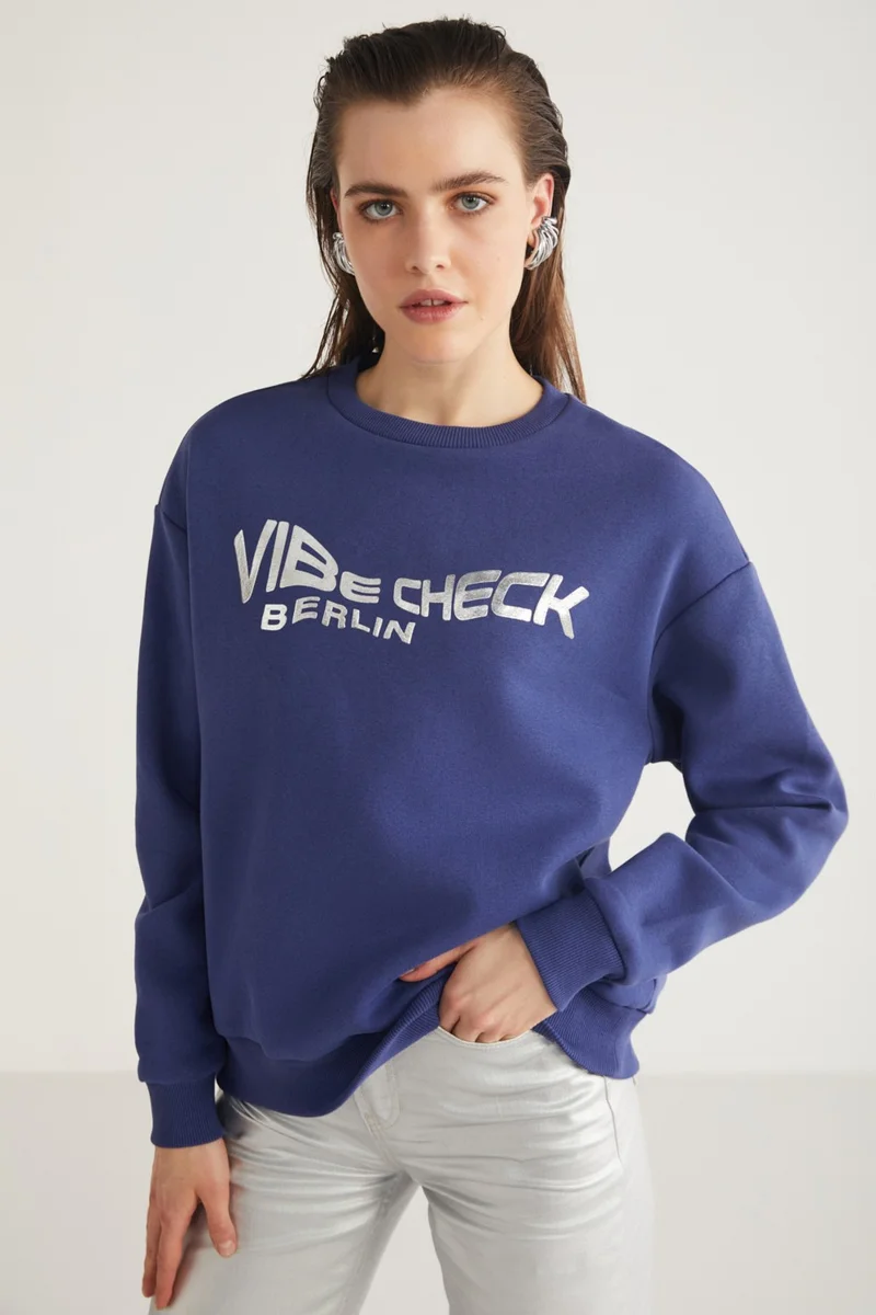 GRIMELANGE Clover Women's Crew Neck Foil Print Detailed Navy Blue Sweatshirt