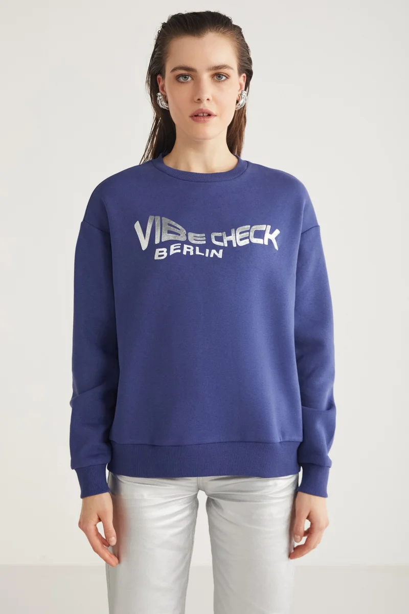 GRIMELANGE Clover Women's Crew Neck Foil Print Detailed Navy Blue Sweatshirt