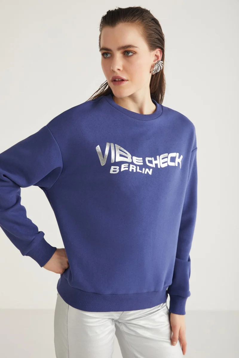 GRIMELANGE Clover Women's Crew Neck Foil Print Detailed Navy Blue Sweatshirt