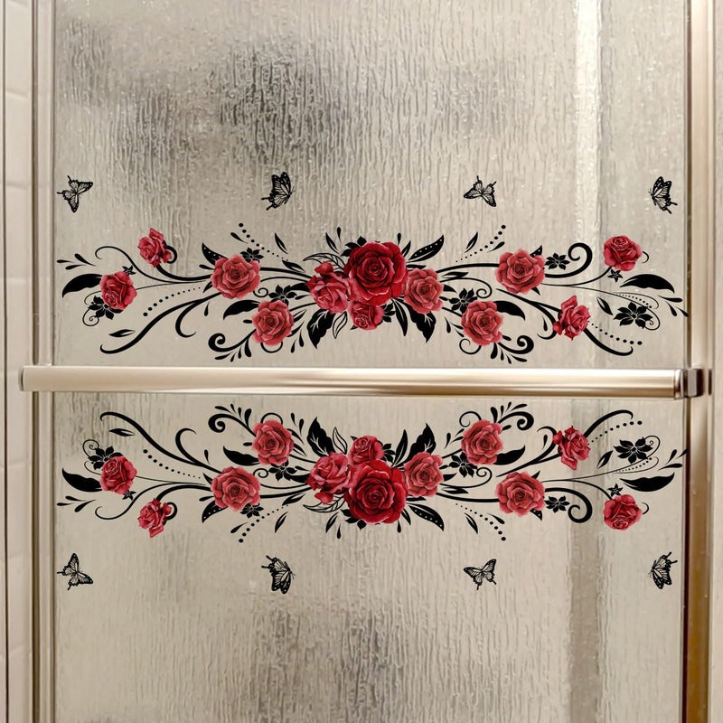 Mirabuy Red Rose Floral Flower Vine Window Cling Decals Vinyl Peel and Stick Wall Window Murals for Bathroom Washroom Living Room Bedroom - Image 3
