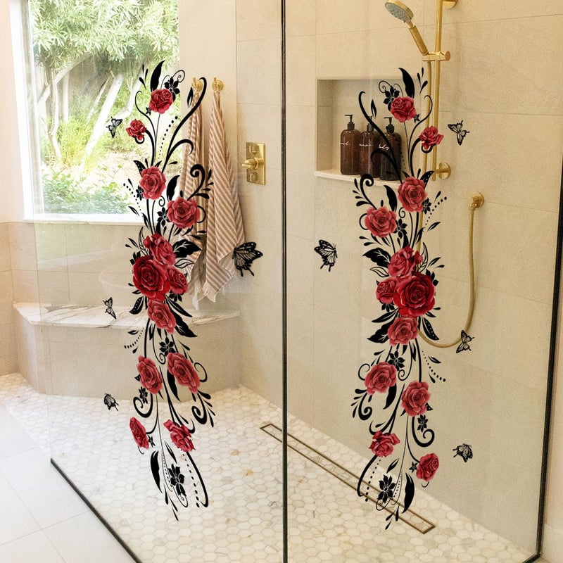 Mirabuy Red Rose Floral Flower Vine Window Cling Decals Vinyl Peel and Stick Wall Window Murals for Bathroom Washroom Living Room Bedroom - Image 1