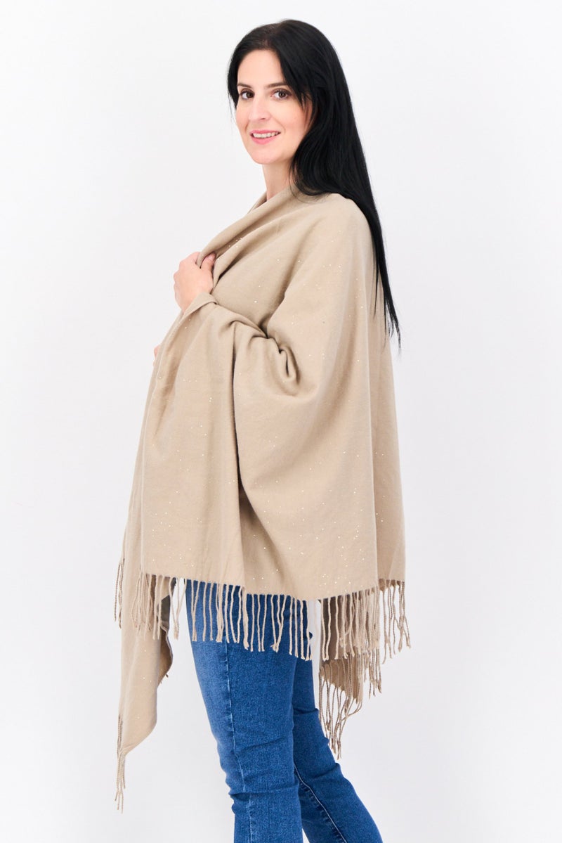ADRIENNE VITTADINI Women Split Neck Metallic Poncho, Taupe  - Image 2
