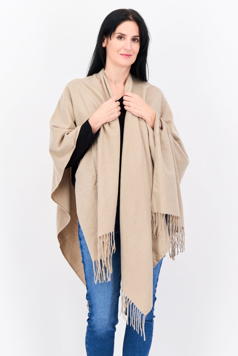 ADRIENNE VITTADINI Women Split Neck Metallic Poncho, Taupe  - Image 1
