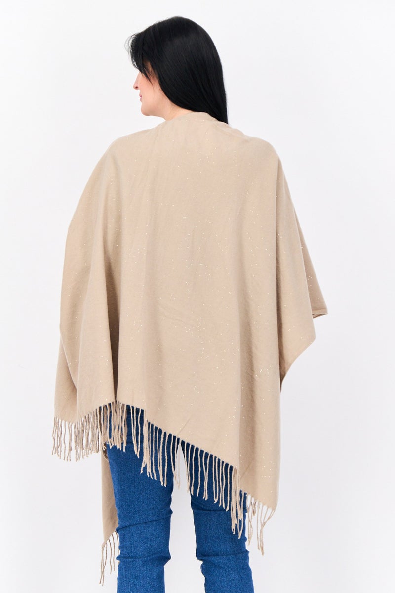 ADRIENNE VITTADINI Women Split Neck Metallic Poncho, Taupe  - Image 3