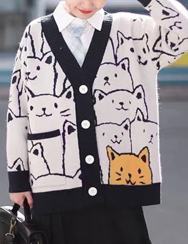 Arssm Cat Sweater for Women Oversized Button Down V Neck Knit Cardigan Cute Kawaii Cartoon Print Sweater Fall Clothes(Black-M) - Image 5