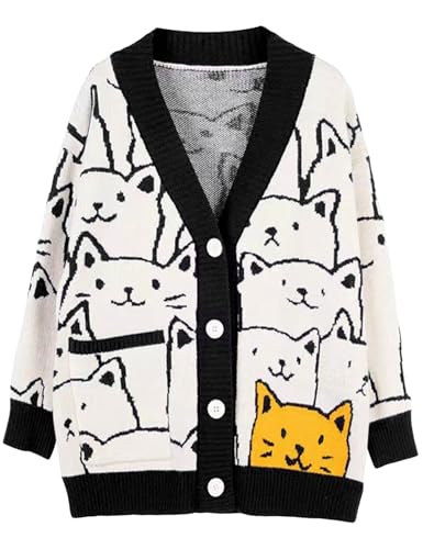 Arssm Cat Sweater for Women Oversized Button Down V Neck Knit Cardigan Cute Kawaii Cartoon Print Sweater Fall Clothes(Black-M) - Image 1