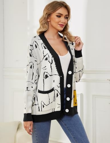 Arssm Cat Sweater for Women Oversized Button Down V Neck Knit Cardigan Cute Kawaii Cartoon Print Sweater Fall Clothes(Black-M) - Image 2