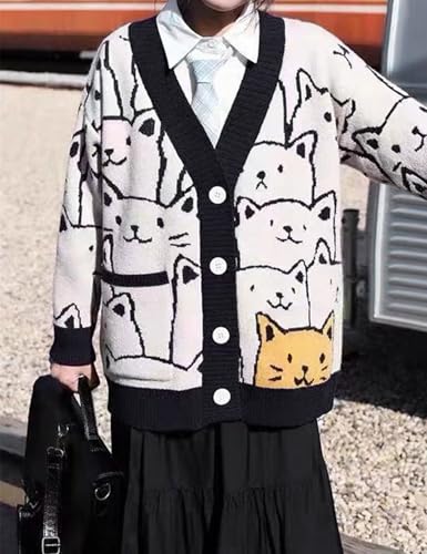 Arssm Cat Sweater for Women Oversized Button Down V Neck Knit Cardigan Cute Kawaii Cartoon Print Sweater Fall Clothes(Black-M) - Image 4