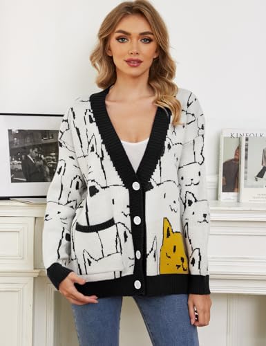 Arssm Cat Sweater for Women Oversized Button Down V Neck Knit Cardigan Cute Kawaii Cartoon Print Sweater Fall Clothes(Black-M) - Image 3