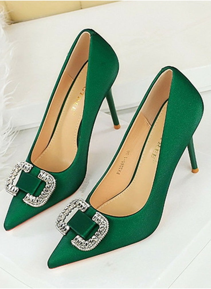 BIGTREE Women's Satin Closed Pointed Toe Stiletto Pump Rhinestone Square Buckle Decoration High Heels Green 10 CM  - Image 1
