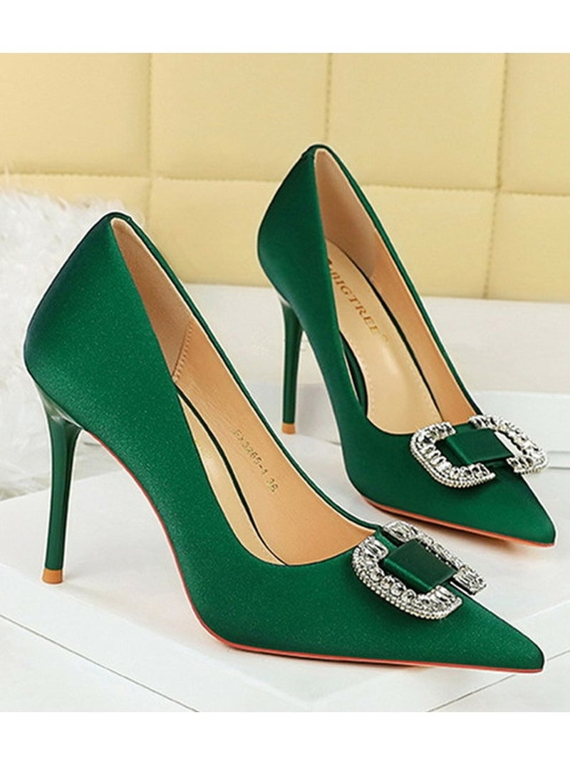 BIGTREE Women's Satin Closed Pointed Toe Stiletto Pump Rhinestone Square Buckle Decoration High Heels Green 10 CM  - Image 2