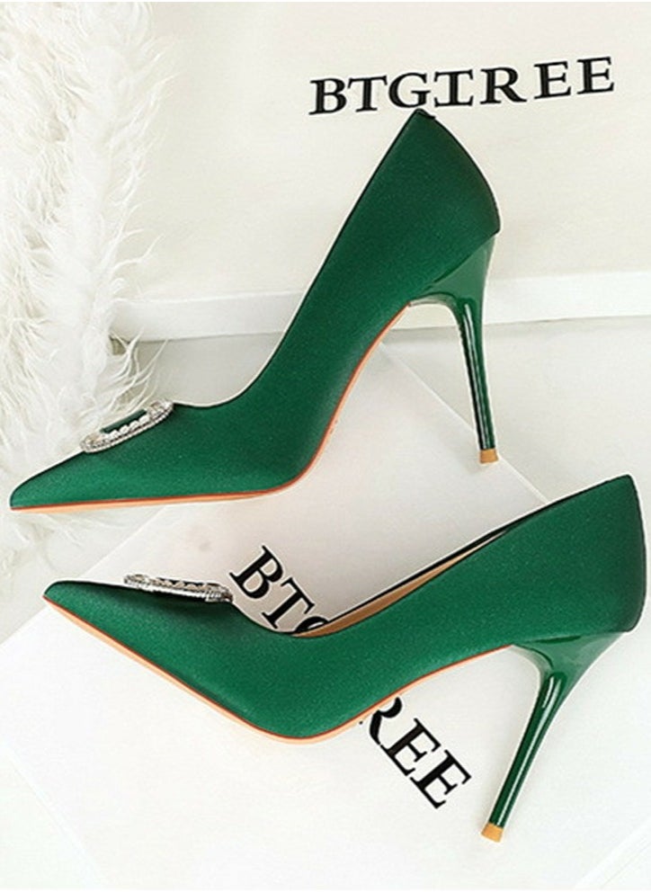BIGTREE Women's Satin Closed Pointed Toe Stiletto Pump Rhinestone Square Buckle Decoration High Heels Green 10 CM  - Image 3