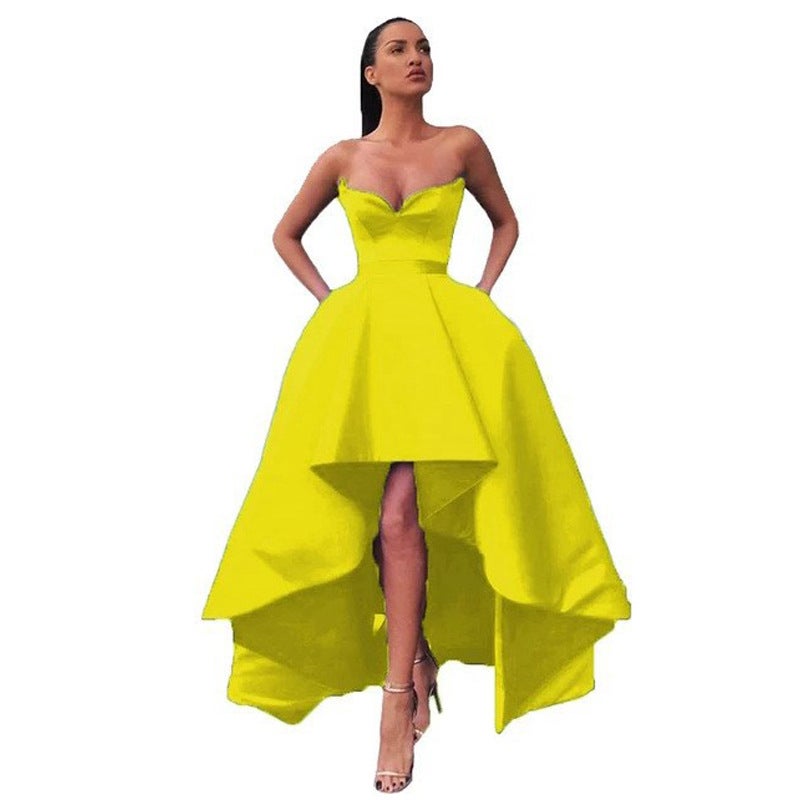 Dress Tube Top Puff Wedding Dress Satin Dress Waist-Tight Banquet Evening Dress - Image 3