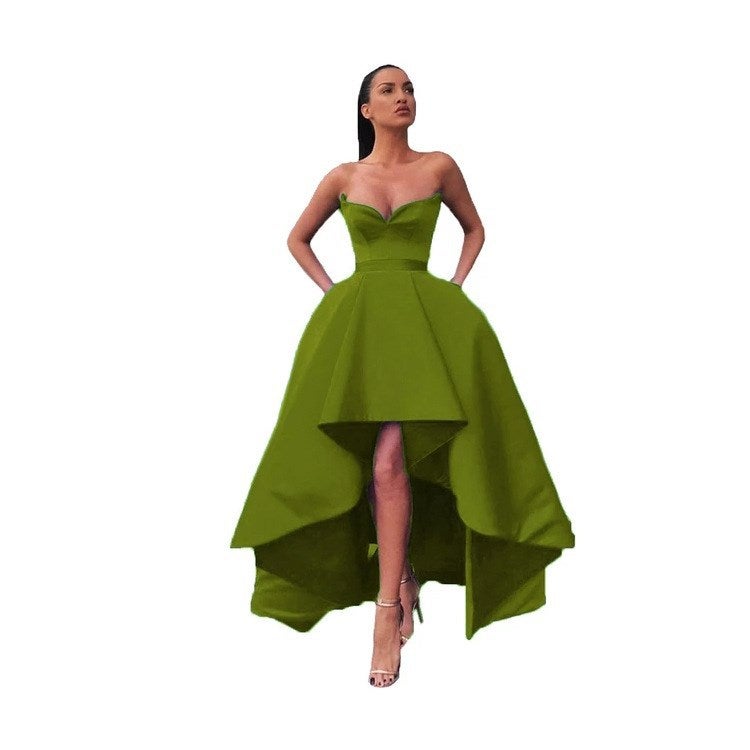 Dress Tube Top Puff Wedding Dress Satin Dress Waist-Tight Banquet Evening Dress - Image 1