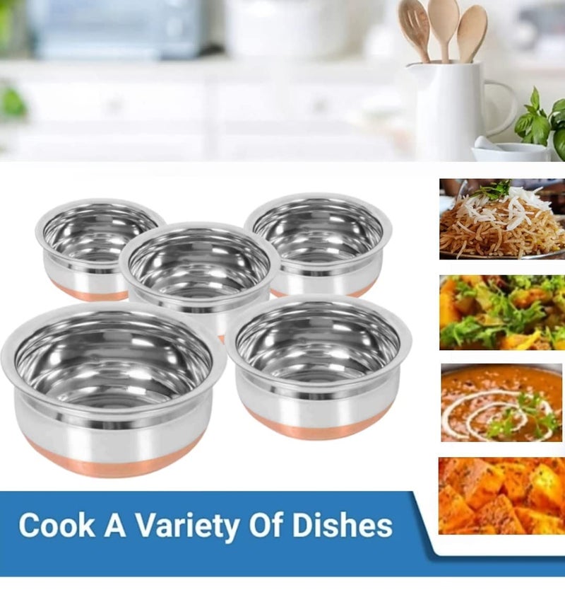 Nirvika Stainless Steel Handi Set of 5 Piece Serving Bowl Cookware Handi Size: 500 ML,750 ML, 1000 ML,1500 ML,2000 ML - Image 5
