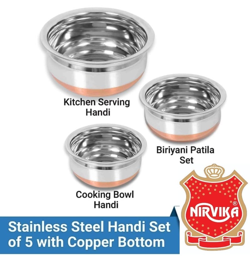 Nirvika Stainless Steel Handi Set of 5 Piece Serving Bowl Cookware Handi Size: 500 ML,750 ML, 1000 ML,1500 ML,2000 ML - Image 3