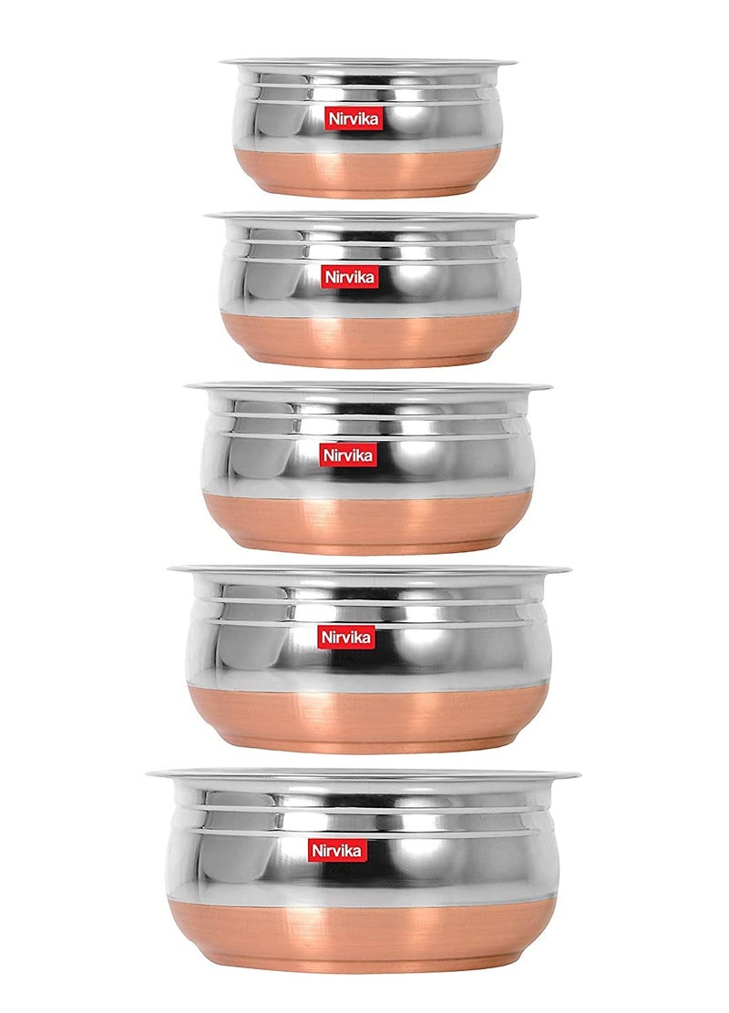 Nirvika Stainless Steel Handi Set of 5 Piece Serving Bowl Cookware Handi Size: 500 ML,750 ML, 1000 ML,1500 ML,2000 ML - Image 1