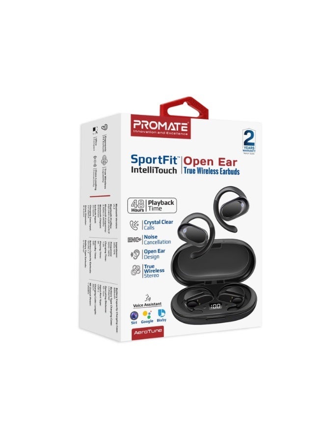 Promats Promate SportFit™ Open Ear True Wireless Earbuds with IntelliTouch – Bluetooth 5.0 Bone‑Conduction Design, Ambient Hearing Open‑Ear Style, Built‑in Mic, Lightweight & Sweat‑Proof IPX5, Stable Fit, Up to 8 Hours Playback – Black  - Image 2