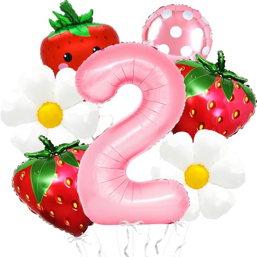 Corabsar Strawberry Balloons Berry 2st birthday Decor 40 Inch Mylar Pink Number 2 Balloons Strawberry Balloon for Strawberry Birthday Decorations Strawberry Party Decorations - Image 1