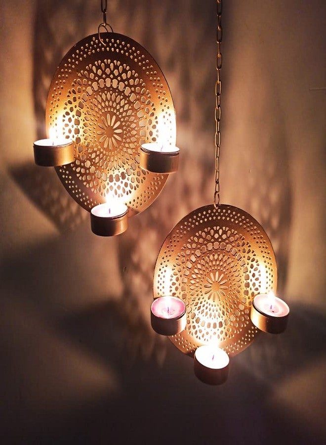 ATRANGEE Bystreet artisans Decorative Metal Hanging Laser Diya Deepak Cut Shadow Forming Wall Hanging Tealight Candle Holders Set of 2 - Image 4