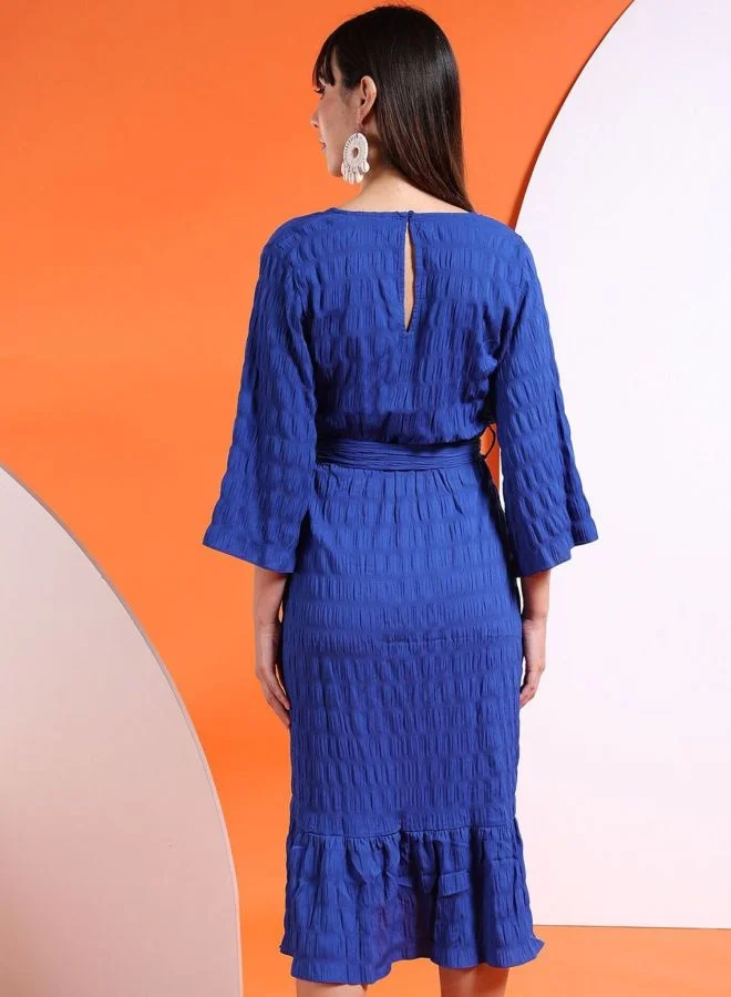 Freehand  Women Fit and Flared Solid V-Neck Long Sleeve Wrap Midi Dress for Women | Best Price UAE