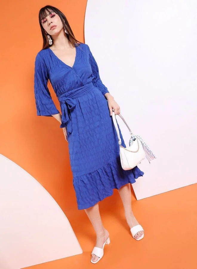 Freehand  Women Fit and Flared Solid V-Neck Long Sleeve Wrap Midi Dress for Women | Best Price UAE