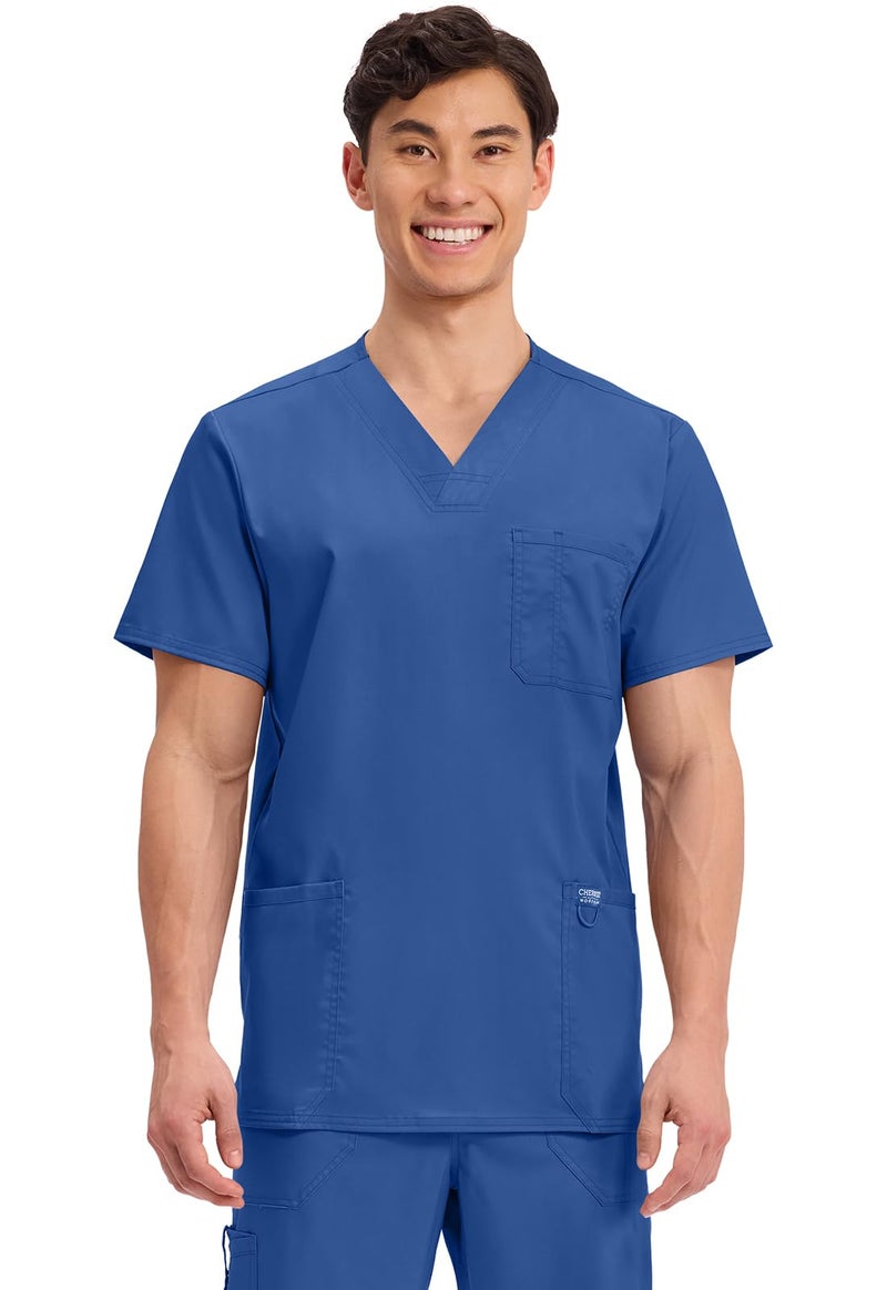 Cherokee Scrub top for Men V-Neck with 3 Pockets, Knit Details, Soft, Durable, Breathable, 2-Way Stretch Fabric - WW670, L, Galaxy Blue