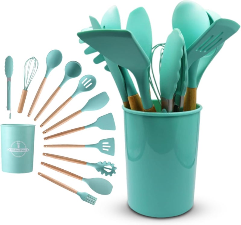 hanso Kitchen Utensils, Silicone Cooking Utensils with Holder, Non-stick Cookware Friendly & Heat Resistant, Includes Spatula Tong Whisk Ladle Brush Slotted Turner Spoon, 12 PCS (Green)