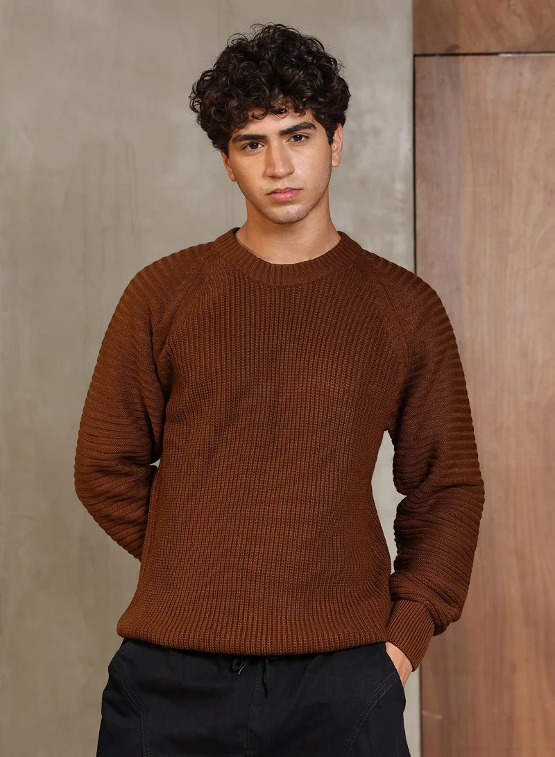 Campus Sutra Men's Ash Brown Ribbed-Jacquard Knit Pullover Sweater | Round Neck , Ribbed Cuff Sleeves , Pull On Closure , Ribbed-Straight Hem | Solid Jacquard For Casual & Daily Wear