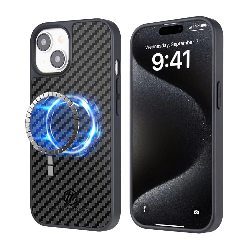 MONOCARBON Real Carbon Fiber case for iPhone 15 PLUS cover MagSafe Compatible Military Grade  Matte Black