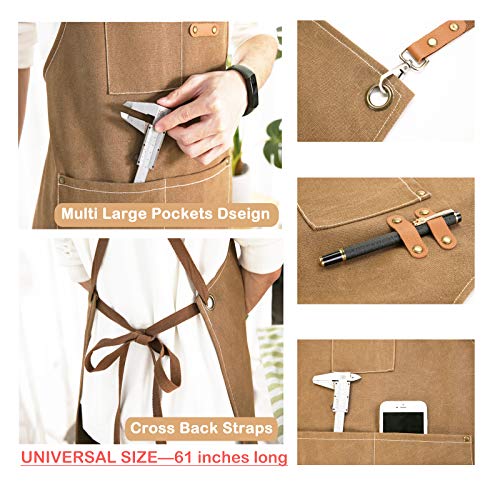 ZOMAO Chef Apron, Cotton Canvas Cross Back Apron with Pockets for Women and Men,Adjustable Strap and Large Pockets Apron,Kitchen Cooking Baking Bib Apron - Image 5