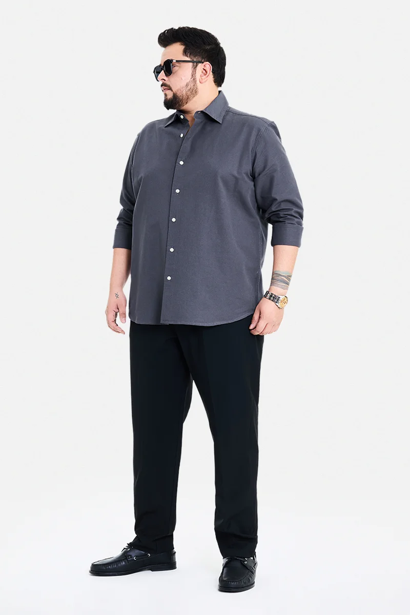 SNITCH Grey Solid Long Sleeve Regular Fit Casual Plus Size Shirt