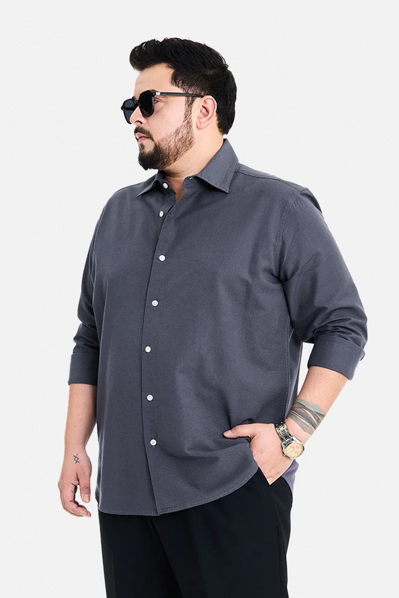 SNITCH Grey Solid Long Sleeve Regular Fit Casual Plus Size Shirt