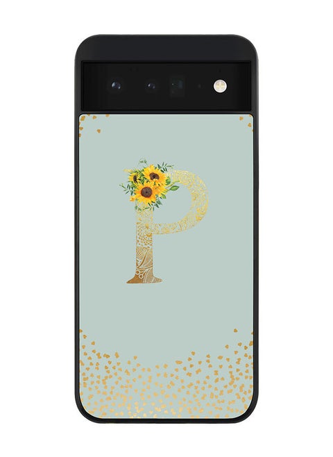 Rugged Black edge case for Google Pixel 6 5G Slim fit Soft Case Flexible Rubber Edges Anti Drop TPU Gel Thin Cover - Custom Monogram Initial Letter Floral Pattern Alphabet - P (Light Grey )
