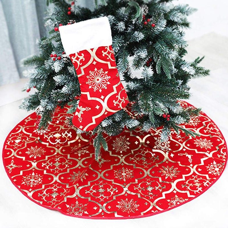 Red Flannel Tree Mat 48 inches Large with Gilded Christmas Patterns Skirt for Xmas Tree Holiday Party Decorations Indoor Outdoor with 1 Christmas Stocking
