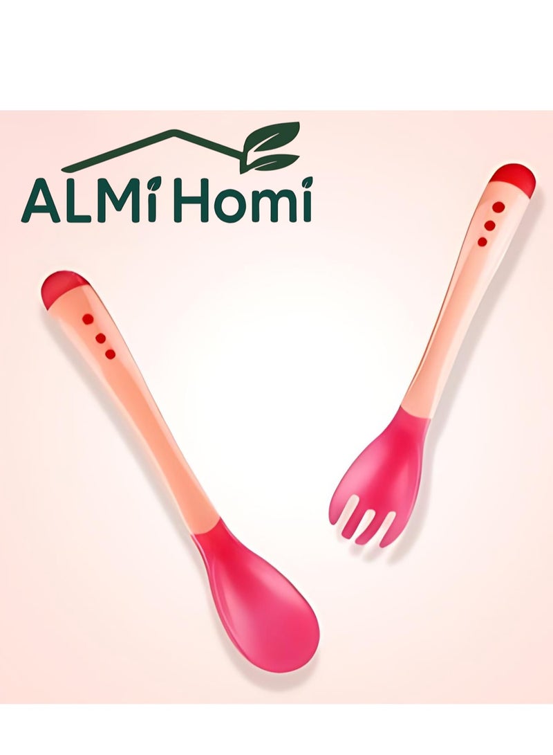 ALMiHomi Heat Sensitive Baby Spoon and Fork Set – Temperature Sensing Baby Feeding Utensils for Infant Weaning – Soft Tip, BPA-Free, No Odor – Red Color Tableware for Toddlers, Newborns, and Kids - Image 1