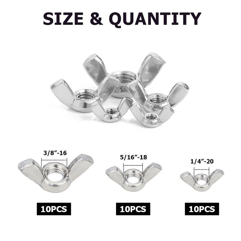 Hooshing 30PCS Wing Nuts Assorted Kit (10pcs Each 1/4"-20, 5/16"-18, 3/8"-16) 304 Stainless Steel Wing Nuts Fasteners Parts Butterfly Nut - Image 2