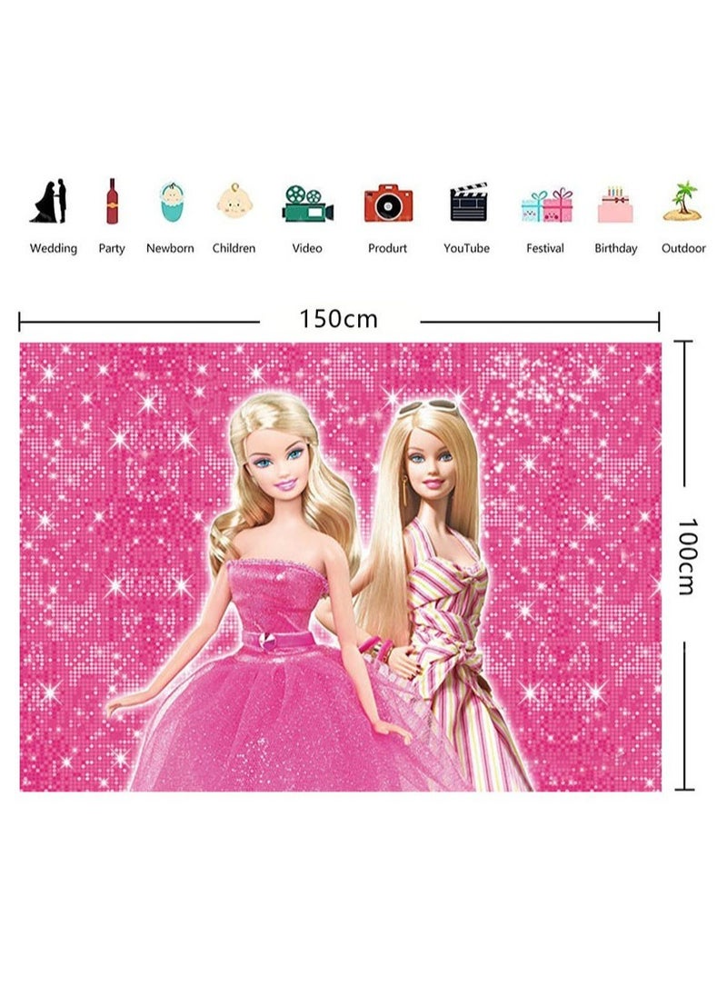 Generic - Pink Barbie Princess Birthday Party Background Decorative Cloth Suitable for Children's Birthday Photography Supplies Background Photo Props（size：150cmX100cm） - Image 1