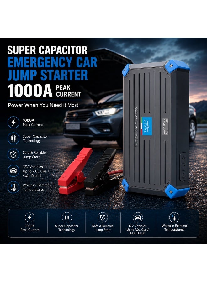 Brave 2-in-1 Super Capacitor Car Jump Starter 12V, 1000A Peak Emergency Booster with Reverse & Battery Charging, Self-Charging to 100% in Under 5 Minutes, Starts 7.0L Petrol & 4.0L Diesel Engines, Heavy-Duty Portable All-Weather Jump Starter with Smart Display, Carry Case, Safe for UAE & Desert Use - Image 1