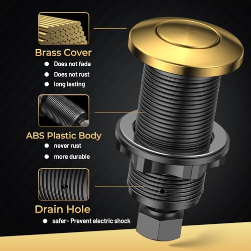 ANWOLL Air Activated Sinktop Switch Push Button for Garbage Disposal Brushed Gold Finish Compatible with Moen Faucets Sink Top Button with Hose Universal Countertop Design - Image 3