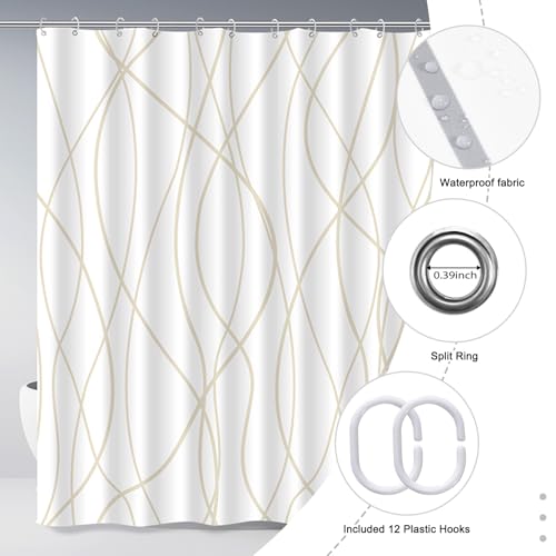Punkray Beige Khaki Shower Curtain for Bathroom with Hooks, Extra Long Shower Curtain Set Stripe Bath Curtains Decorative White Shower Curtains Weighted Hem Water Repellent Washable, 72 x 72 - Image 5