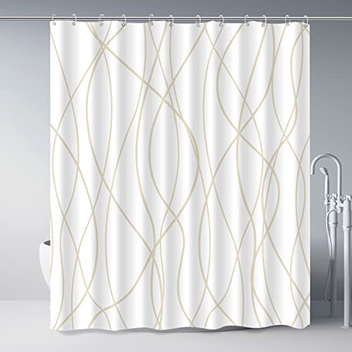 Punkray Beige Khaki Shower Curtain for Bathroom with Hooks, Extra Long Shower Curtain Set Stripe Bath Curtains Decorative White Shower Curtains Weighted Hem Water Repellent Washable, 72 x 72 - Image 1