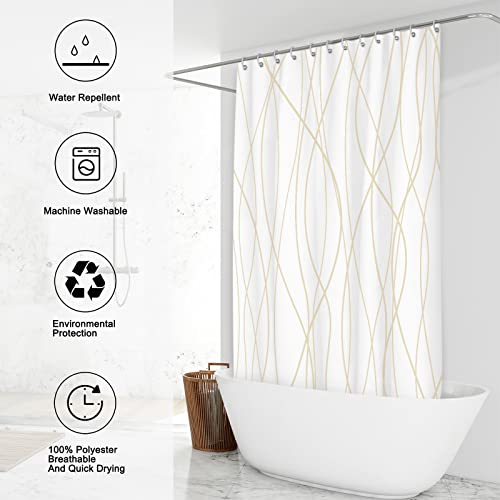 Punkray Beige Khaki Shower Curtain for Bathroom with Hooks, Extra Long Shower Curtain Set Stripe Bath Curtains Decorative White Shower Curtains Weighted Hem Water Repellent Washable, 72 x 72 - Image 3