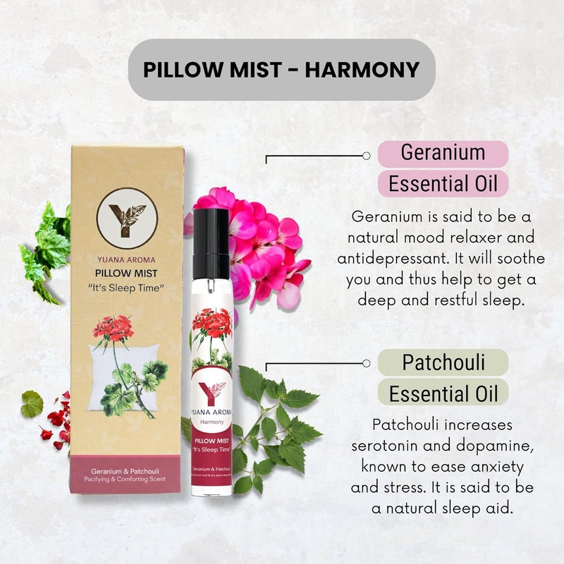 Yuana Yuana Aroma Pillow Mist Harmony For Improved Sleep Quality and Stress Relief Mist or Spray on Pillow for Good Sleep 100 Natural with Geranium and Patchouli Essential Oils 15 ml  - Image 3