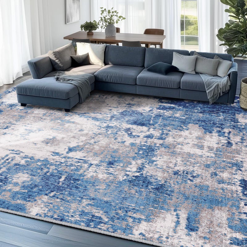 RELEANY Washable Area Rugs 7'x9' Non-Slip Modern Abstract Soft for Living Room Entryway Bedroom Nursery, Print Pattern, Blue Grey Navy Gray - Image 1