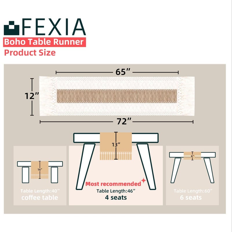 FEXIA Boho Table Runner for Thanksgiving Fall Christmas Home Decor with Tassels 72 Inches Long Pottery barn Furniture Farmhouse Rustic Macrame Burlap Table Decoration for Living Room (12x72 Inches) - Image 2