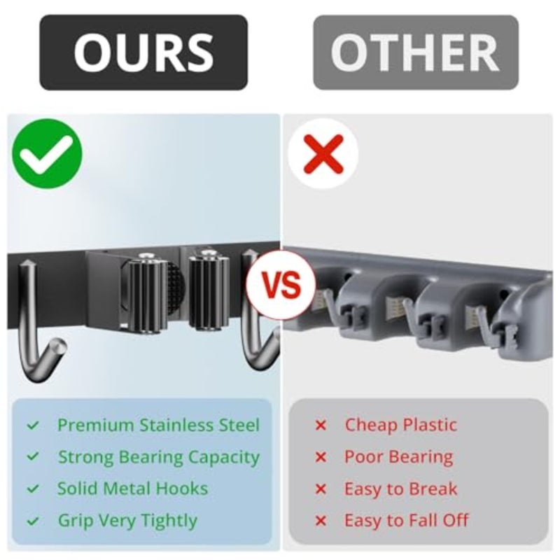 2 Pack Broom Holder Wall Mount, 4 Racks and 5 Hooks Mop Hanger Wall Mount Broom Organizer Stainless Steel Heavy Duty Garage Tool Racks for Home Kitchen Garden Laundry - Image 4