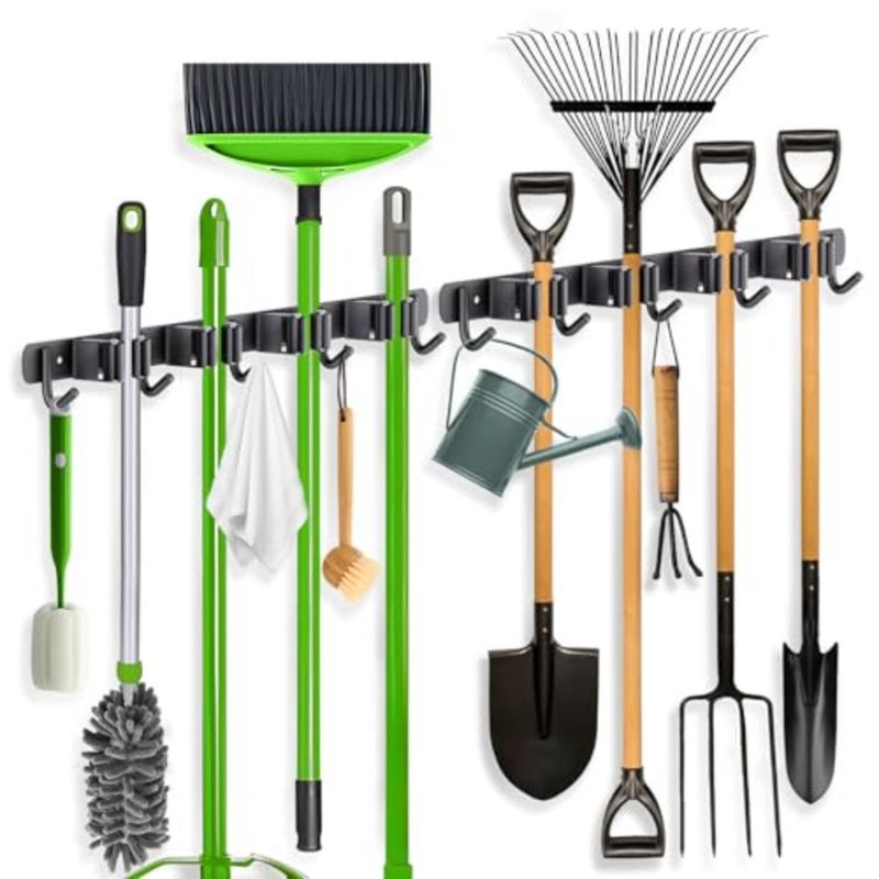 2 Pack Broom Holder Wall Mount, 4 Racks and 5 Hooks Mop Hanger Wall Mount Broom Organizer Stainless Steel Heavy Duty Garage Tool Racks for Home Kitchen Garden Laundry - Image 1