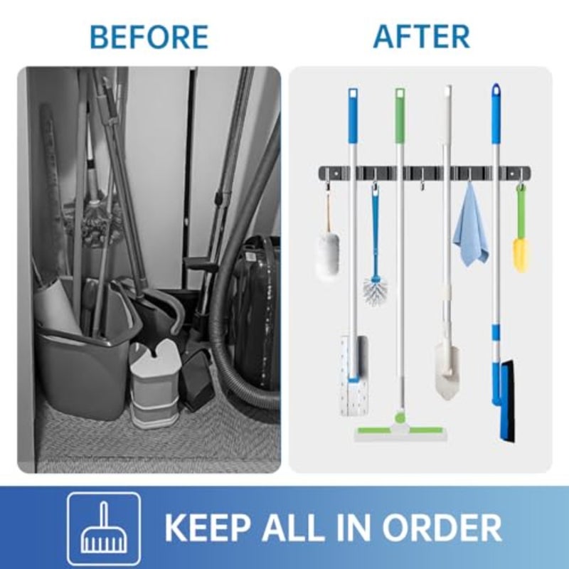 2 Pack Broom Holder Wall Mount, 4 Racks and 5 Hooks Mop Hanger Wall Mount Broom Organizer Stainless Steel Heavy Duty Garage Tool Racks for Home Kitchen Garden Laundry - Image 5